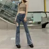 Женские джинсы винтажные флэки женщины Y2K Sexy High -талия Hollow Out Shirring Denim Blouns Корейскую модную эластичные тонкие брюки