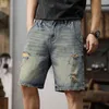 Herren Jeans Sommershorts Männer Denim Ripped Hip Hop Baggy Hosen Knie Länge ausgefranste hellblaue, lockere Fit breites Bein