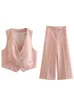 Willshela Women Fashion Two Piece Set Pink Tops Pantalon Ligne droite Vintage Vneck Single Femme Chic Chic Suit 240407