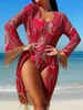 Women's Swimwear 2024 One Shoulder Print Women Swimsuit With Long Sleeve Kimono Piece Female Bathers Bathing Swimming Suit Beachwear