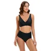 Twee delige set van grote, massieve kleur met hoge taille bikini dubbele schouderzwempak, gesplitst body swimsuit voor vrouwen F41649