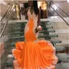 Abiti per feste arancione Halter Long Mermaid Prom Appliques in pizzo Open Back Girl Black Girl Abiti formali realizzati su misura per dimensioni
