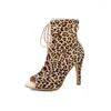 Dance Shoes European American Hairtail Mouth Cool Boots Women's Summer Thin Heel Hollow Leopard Print Short Jazz High-heeled