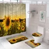 シャワーカーテンヒマワリの花のカーテンセット素朴な日光青い空の白い雲のフィールドバスルームソフトバスマットラグトイレカバー