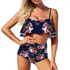 Swimwear féminin 2024 Fleume Flower Print Swimsuit Two Piece Ruffle Boxer Shorts Bikinis Set Sexy Push Up Beach Wear Wear Summer Bathing Bathing