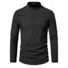 Erkekler Sıradan Gömlekler 2023 Sonbahar Yeni Henley Yakası Erkek Avrupa Moda Trend Uzun Kollu Çizgili Gömlek 240416