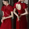 Abbigliamento etnico sexy borgogna in pizzo lady senza schienale qipao abito da sposa cinese sposa nake vestidos de festa Cheongsam Celebrity Banquet