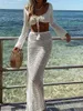 Wsevypo Hollow Out Crochet вязание 2Pieces Beach Suits Женские летние наряды с длинными рукавами