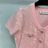 Trendy 2024 Vestido de diseñador de primavera/verano Sequin rosa pequeño fragante fragante vestido de punto de manga corta falda corta