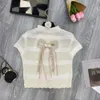 Miumiuss t-shirt designer lyx mode kvinnor t-shirt original sommar ny pärlstav stickad hög hals kort ärm smal passform kort topp för kvinnor