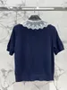 Women's T Shirts Spring/summer Navy Blue Lace Crew-neck Knitting