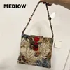 DrawString Mediow Chinese Style Canvas Bags for Women Luxury Designer Handväskor Purs 2024 i blommönster vävt remsdukskuld