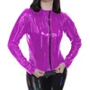 Jackets femininos a laser molhado look pvc manga longa com zíper de couro com zíper de gola de colar de gola de colar