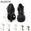 Dansskor Dileechi Women Party Satin Shining Rhinestones Soft Bottom Latin Black/Blue Salsa Heel 9cm