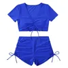 Women's Swimwear Sexy Bikini Stylish Summer Set With V-neck Top High Waist Drawstring Trunks Solid Color Swimsuit For Quick Drying