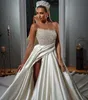 Vintage een lijnjurk voor bruid pure juweelparels satijnen trouwjurken bruidsjurken vestidos novia dij gesplitste landen gewaad de mariage