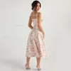 Casual Dresses Corset Dress Split kjol Bow Tie Chest Frill Detaljer Skriv ut Floral Midi Dresses Back Lace Up Robe Clothing Women's Summer Long D 711