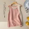 Women's Tanks Sleeveless Vest Cotton Linen Casual O-Neck Buttons Blouse Shirt Korean Fashion Female Clothing Tops 2024