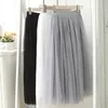 Vintage Tulle Skirt Women Elastic High Waist 3 Layers Aline Pleated Mesh Long Bride Tutu Skirts Female Jupe Longue 240416