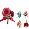 Men Boutnire róża broszki piny Bride Wedding Na nadgarstek Corsage Groom Ceremy Silk Roses Fr Lapel Party Spotkanie Decorati I77H#