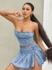 WSEVYPO Retro Blue Denim Two-Piece Jirt Costumes Summer Bread-épaule Bandeau Corset Crop Topshigh Taist Mini pliage de jupes plissées 240411