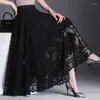Юбки элегантная кружевная юбка с высокой талией Женская A-Word Long Big Swing Make Hollow Plearted Streetwear
