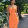 Sukienki swobodne kobiety Y2K kwiatowy nadruk spaghetti pasek bez pleców długi bodycon podzielony cami seksowna letnie boho plaża maxi