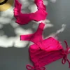 Solide golvende stof lage taille bikini set deksel zwempak voor vrouwen push up ruche drie stukken badmode strand badpakken 240416