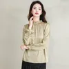 Women's Blouses Chinese Style Women Chic Slik Shirts Khaki Low-key Pattern Jacquard Tops Ruffle Collar Petal Cuff Design Basic Ladies