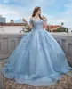 Glitter Tulle Quinceanera Dresses Floral 3D Flowerapplique Crystal Beads قبالة كتف مشد الظهر Sweet 16 Dress Graduation Pageants Long