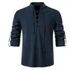 Men's Casual Shirts 2022 New Mens V-neck shirt T-shirt Fashion Vintage Thin Long Sleeve Top men Breathable Front Lace Up man 24416