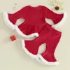 Clothing Sets Kids Girls Christmas Long Sleeve Plush Hem A-line Tops Contrast Color Elastic Waist Flared Pants 6Months-4Years