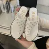 Slippers Casual Women Sandals Black White Khaki Rivet Rhinestone Design Summer Outside Flat Low Heeled 2024 Arrivals 35-39