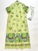 Trendy 2024 New Summer Designer Dress Green Linen Print Lace up Waist Holiday Dress for Women