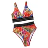 Krótki strój kąpielowy z podkładkami piersiowymi Kobiet Stylowy druk liści Bikini High talia Pęd na lato