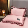 Korean Luxury Washed Ice Silk 4pc Set Pure Color Spring And Summer Silky Nude Sleeping Pillowcase Lace Quilt Cover Bed Skirt 240403