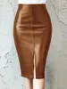 Kjolar kvinnor sexig mode fast färg midi casual hög midja front split blyerts damer faux läder
