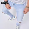 Jeans masculinos Kakan Europa e alongamento perfurado da América para homens Classic Solid Color Casual Peda pequena calça fina K49-602