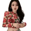 Koszulki damskie kobiety z długim rękawem Turtleeck Sheer Mesh T-Shirt Flower Bodycon Crop Top