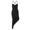 Robes décontractées bofeenaa Sexy Black Robe Party Night Elegant Asymétrical Ruffle Backless Halter Long pour les femmes 2024 Été C95-BD23