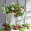 Fleurs décoratives 3 têtes branche d'hortensia avec feuilles vertes de soie artificielle pour la décoration de la maison de mariage fausse fleur