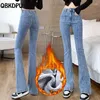 Jeans féminins mode coréenne épaisse en peluche épluche femme automne hiver plus velours skinny vaqueros pantalon à fond de cloche