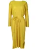 Casual Dresses Linda Della Summer Fashion Designer Yellow Vintage Pleated Dress Women o-Neck Långärmad frenulum Hög elastisk slits Midi