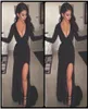 2020 Sexy Black Evening Dresses with Deep V Neckline Long Sleeves Floor Length Front Split robe de soiree longue3212659