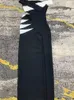 Robes décontractées Femmes Black Sans manches de l'épaule Hollow Out Patchwork Split 2024 Bandage Long Maxi BodyCon Celebrity Party Soil Robe