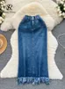 Singreiny Streetwear Blue denim kjol elastisk midjeknappar fickor design mode senior office lady concon tassel 240416