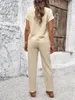 Zweiteilige Hosen für Frauen, ja Casual Temperament rein Farbe Baumwolle und Leinen Damen Kurzarmhose Anzug des Sommer-Mode-T-Shirt 2024