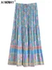 Kjolar vintage chic kvinnor hippie sommar tassel elastisk midja boho kjol blå blommig tryckt rayon strand bohemian veckad maxi