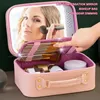 LED Lighted Makeup Case LargeCapacity with Mirror Waterproof PU Leather Divided Storage Organizer 240416