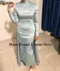 Party Dresses Bloom High Collar Long Sleeves Prom Ruched Crystal Beads Muslim Women Formal Evening Wedding Gown Vestidos